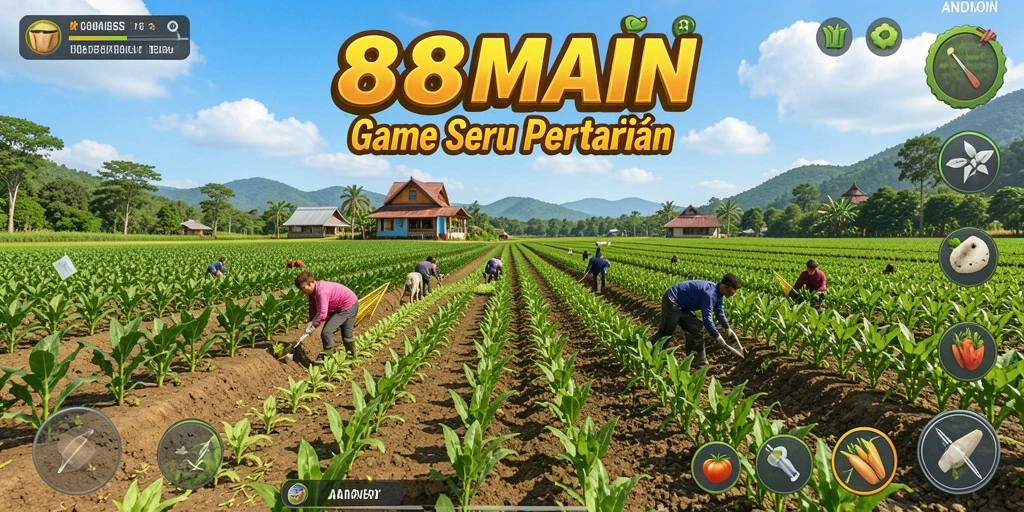 Screenshot yang menunjukkan kegiatan bertani di 88MAIN dengan tampilan ladang hijau.