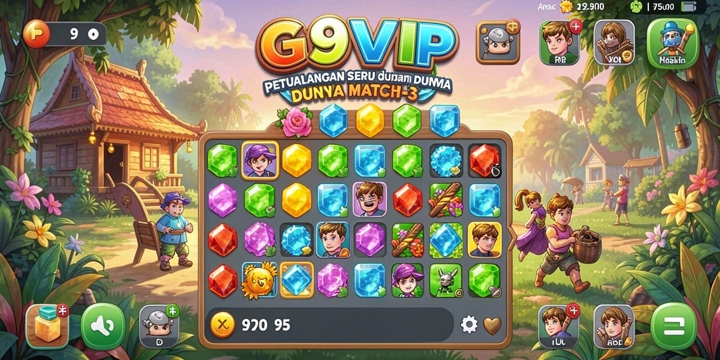 Screenshot gameplay G9VIP dengan aksi Match-3 yang seru.