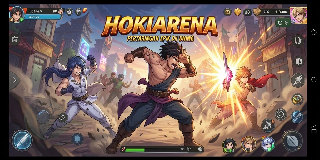 Screenshot HOKIARENA menampilkan pertarungan karakter anime yang epik.
