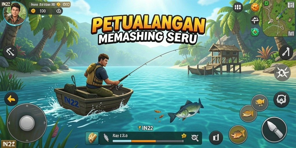 Tampilan gameplay menarik dalam IN22 yang menggambarkan suasana memancing.
