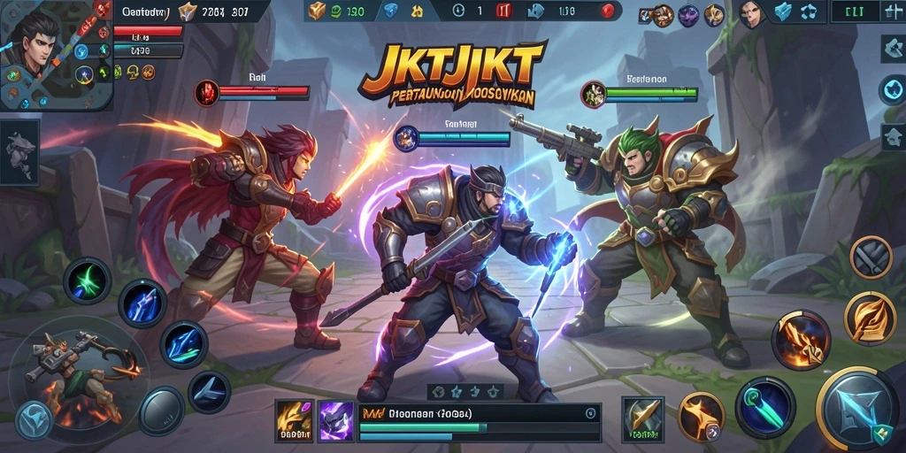 Tampilan pertarungan seru di arena JKTJKT dengan karakter menarik.