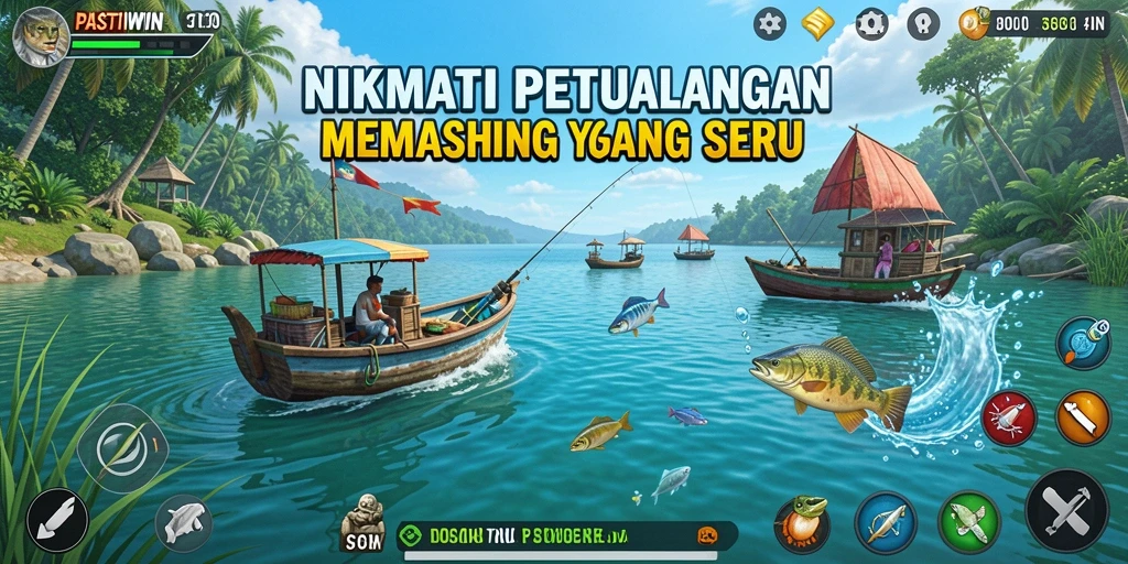 Screenshot utama PASTIWIN menunjukkan gameplay memancing yang seru dan interaktif.