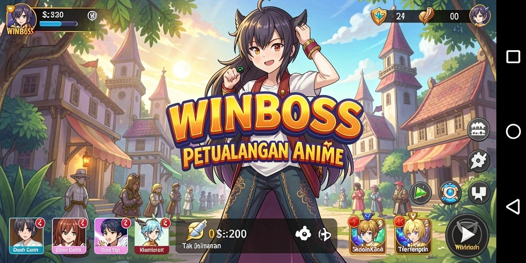 Tampilan screenshot utama WINBOSS menampilkan aksi pertempuran karakter Anime.